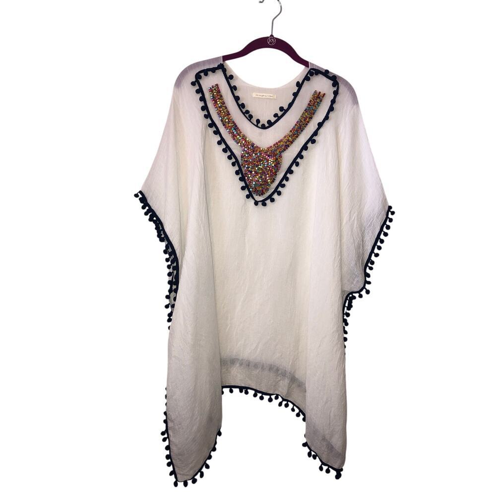 Do Everything In Love Swim Cover Beaded White Blue Boho Beach Resort Cruise OS